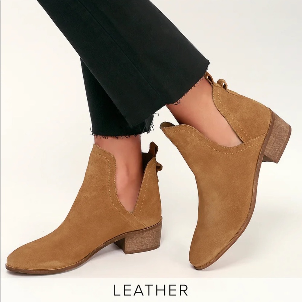 Lulus x Matisse Pacey Tan Suede Leather Cutout Ankle Booties 7M